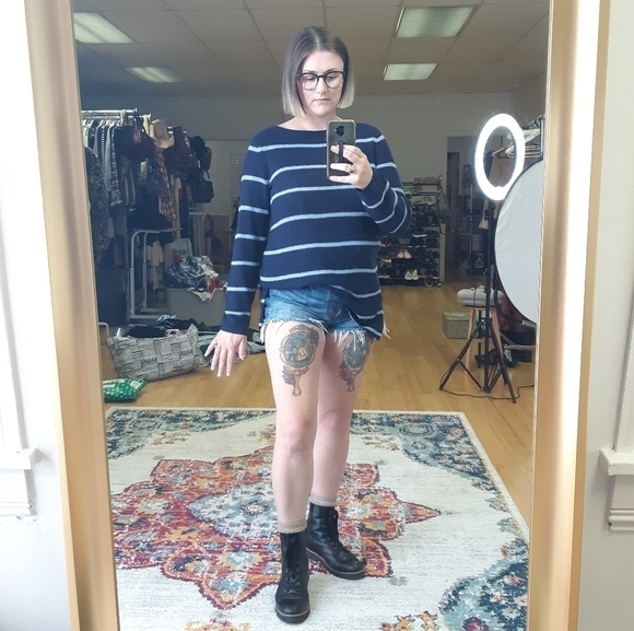 FINAL ⬇️ Eileen Fisher | Merino Blend Striped Bateau Neck Top in Navy - Picture 7 of 7